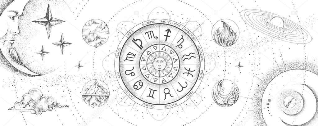 Astrology wheel with zodiac signs on outer space background. Four elements. Star map. Horoscope vector illustration