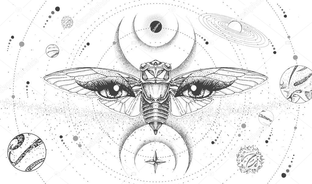 Modern magic witchcraft card with solar system,  cicada and all-seeing eye. Hand drawing occult vector illustration