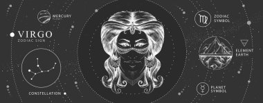 Astroloji burcuyla modern büyü kartı. Başak burcu işareti. Gerçekçi el çizimi kadın kafası. Zodiac karakteristiği