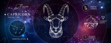 Astroloji burcunun burcuyla modern büyü kartı. Gerçekçi el çizimi koçbaşı ya da muflon kafası. Zodiac karakteristiği