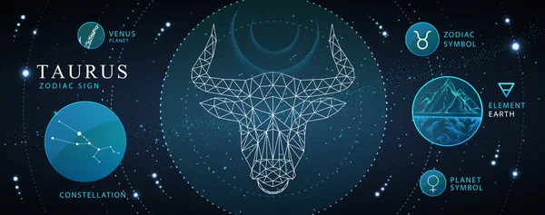 占星術の牡牛座ネオン星座と現代の魔法の魔術カード 多頭雄牛頭 干支の特徴 — ストックベクタ