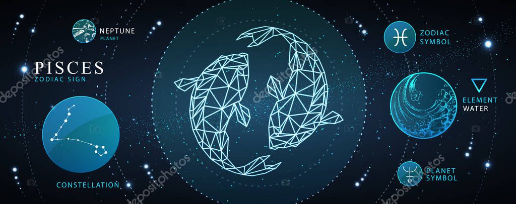 Modern magic witchcraft card with astrology Pisces neon zodiac sign. Polygonal koi fish illustration. Zodiac characteristic