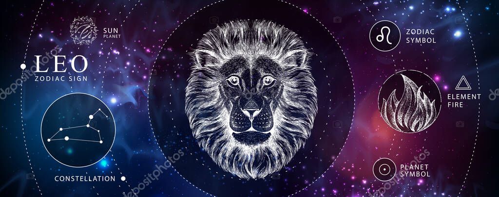 Modern magic witchcraft card with astrology Leo zodiac sign. Realistic hand drawing lion head. Zodiac characteristic