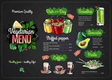 Vejetaryen menüsünü vejetaryen yemeklerle çizen tebeşir. Restoran menüsü