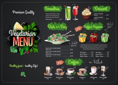 Vejetaryen menüsünü vejetaryen yemeklerle çizen tebeşir. Restoran menüsü