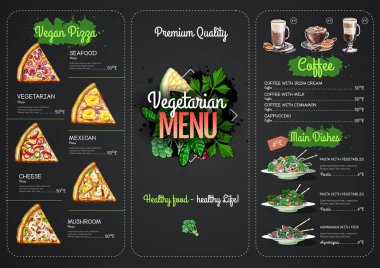 Vejetaryen menüsünü vejetaryen yemeklerle çizen tebeşir. Restoran menüsü