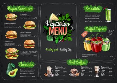 Vejetaryen menüsünü vejetaryen yemeklerle çizen tebeşir. Restoran menüsü