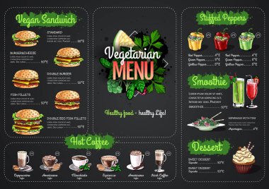 Vejetaryen menüsünü vejetaryen yemeklerle çizen tebeşir. Restoran menüsü