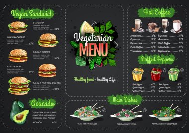 Vejetaryen menüsünü vejetaryen yemeklerle çizen tebeşir. Restoran menüsü