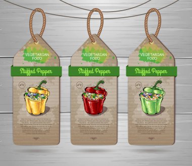 Vejetaryen etiketleri. Vejetaryen menü tasarımı vejetaryen yemeği dolgulu biber. Restoran menüsü