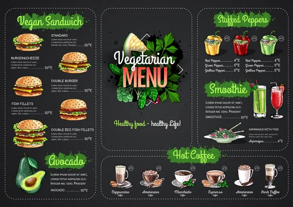 Chalk Menggambar Desain Menu Vegetarian Dengan Makanan Vegan Menu Restoran - Stok Vektor