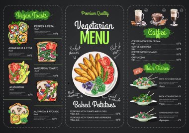 Vejetaryen menüsünü vejetaryen yemeklerle çizen tebeşir. Restoran menüsü