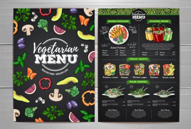 Vejetaryen menüsünü vejetaryen yemeklerle çizen tebeşir. Restoran menüsü