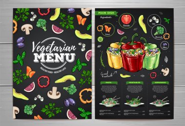Vejetaryen menüsünü vejetaryen yemeklerle çizen tebeşir. Restoran menüsü