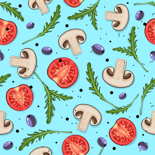 Patrón Sin Costuras Con Setas Tomate Aceitunas Rúcula Fondo Vegano — Archivo Imágenes Vectoriales