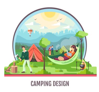 People camping in the wild nature. Outdoor adventure. Flat style vector illustration. clipart