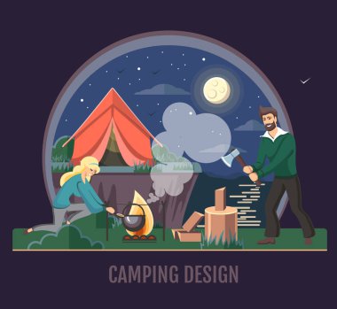People camping in the wild nature. Outdoor adventure. Flat style vector illustration. Night scene clipart