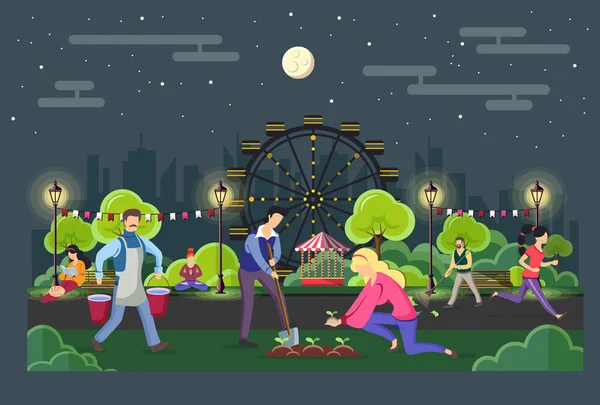 Diferentes Personas Caminando Parque Por Noche Paisaje Urbano Ilustración Vector — Vector de stock