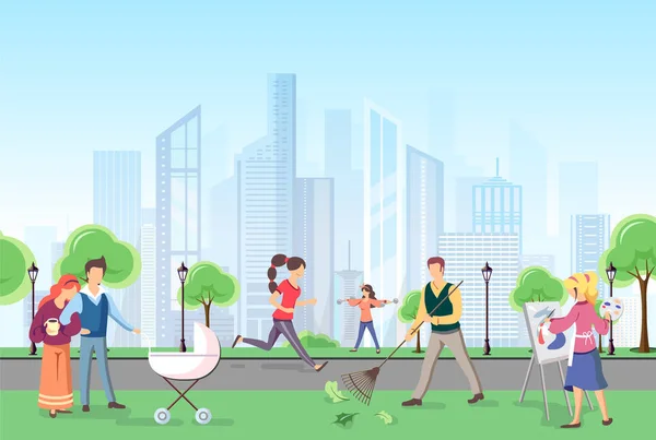 Persone Diverse Che Camminano Nel Parco Paesaggio Urbano Illustrazione Vettoriale — Vettoriale Stock