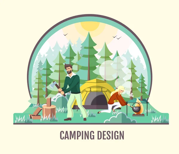 Gente Acampando Naturaleza Salvaje Aventura Aire Libre Ilustración Vector Estilo — Vector de stock