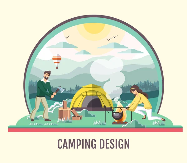 People Camping Wild Nature Outdoor Adventure Flat Style Vector Illustration — Stock Vector