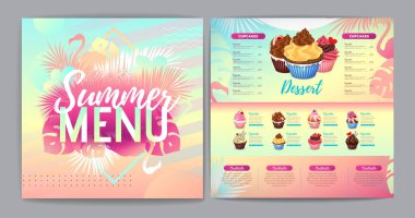 Restaurant summer tropical gradient dessert menu design with fluorescent tropic leaves and flamingo. clipart