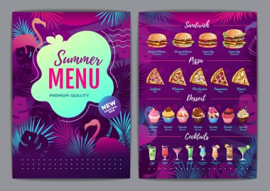 Restoran, tropikal eğimli floresan tropik yapraklı ve flamingolu menü tasarımı. Fast food menüsü