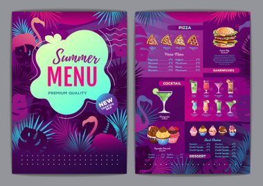 Restoran, tropikal eğimli floresan tropik yapraklı ve flamingolu menü tasarımı. Fast food menüsü
