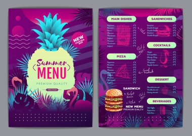 Restoran, tropikal eğimli floresan tropik yapraklı ve flamingolu menü tasarımı. Fast food menüsü