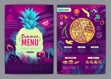 Restaurant summer tropical gradient pizza menu design with fluorescent tropic leaves and flamingo. Fast food menu clipart