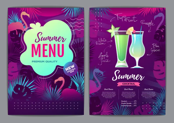 Restaurant Summer Tropical Gradient Menu Design Fluorescent Tropic Leaves Flamingo — Stock Vector