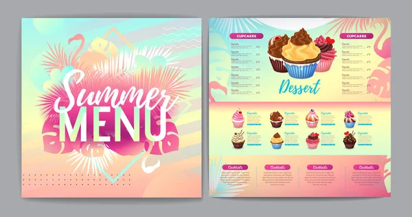 Restaurace Letní Tropický Gradient Design Dezertní Menu Fluorescenční Tropické Listy — Stockový vektor