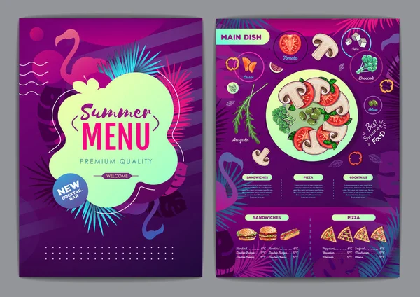 Restaurant Summer Tropical Gradient Menu Design Fluorescent Tropic Leaves Flamingo — Stock Vector