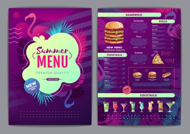 Restoran, tropikal eğimli floresan tropik yapraklı ve flamingolu menü tasarımı. Fast food menüsü