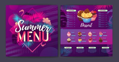 Restoran yaz tropikal tatlı menüsü tasarımı floresan tropik yapraklar ve flamingo.