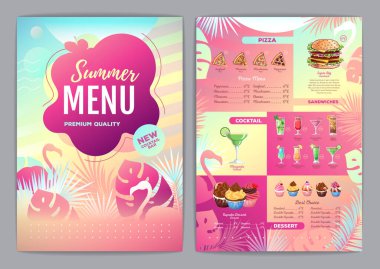Restoran, tropikal eğimli floresan tropik yapraklı ve flamingolu menü tasarımı. Fast food menüsü