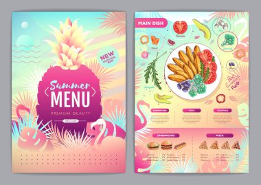 Restaurant summer tropical gradient menu design with fluorescent tropic leaves and flamingo. Fast food menu clipart