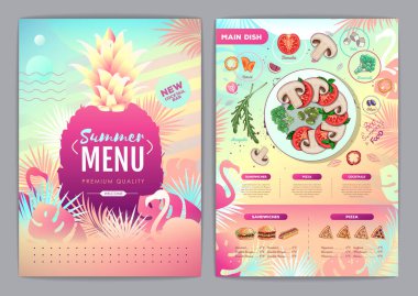 Restoran, tropikal eğimli floresan tropik yapraklı ve flamingolu menü tasarımı. Fast food menüsü