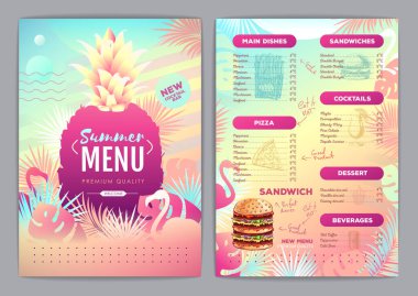 Restoran, tropikal eğimli floresan tropik yapraklı ve flamingolu menü tasarımı. Fast food menüsü