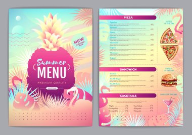 Restoran, tropikal eğimli floresan tropik yapraklı ve flamingolu menü tasarımı. Fast food menüsü