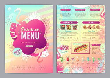 Restoran, tropikal eğimli floresan tropik yapraklı ve flamingolu menü tasarımı. Fast food menüsü