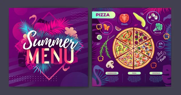 Restaurang Sommar Tropisk Lutning Pizza Meny Design Med Fluorescerande Tropiska — Stock vektor