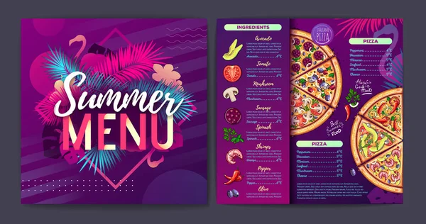 Restaurang Sommar Tropisk Lutning Pizza Meny Design Med Fluorescerande Tropiska — Stock vektor