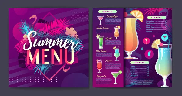 レストラン夏のトロピカルグラデーションカクテルメニューデザイン蛍光葉とフラミンゴ — ストックベクタ