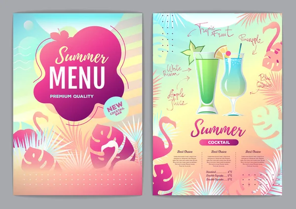 Restaurant Summer Tropical Gradient Menu Design Fluorescent Tropic Leaves Flamingo — Stock Vector