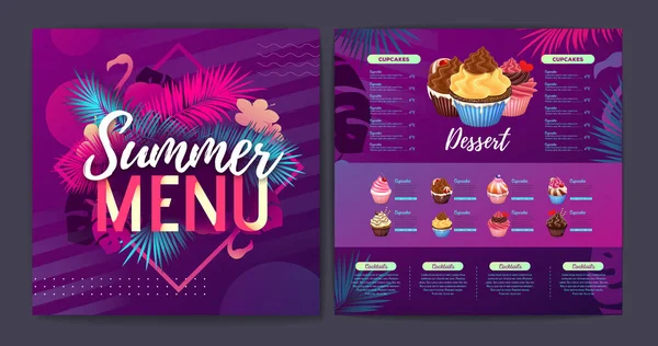 Restaurang Sommar Tropisk Gradient Dessert Meny Design Med Fluorescerande Tropiska — Stock vektor