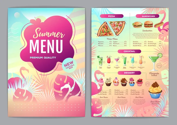 Restaurant Summer Tropical Gradient Menu Design Fluorescent Tropic Leaves Flamingo — Stock Vector