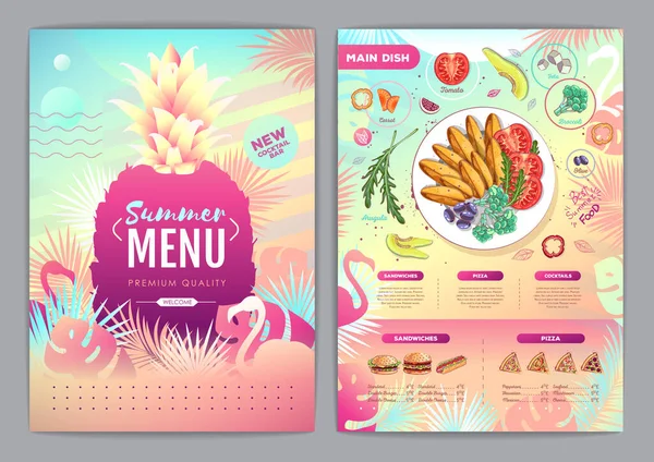 Restaurant Summer Tropical Gradient Menu Design Fluorescent Tropic Leaves Flamingo — Stock Vector