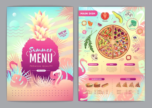 Restaurante Verano Tropical Gradiente Pizza Menú Diseño Con Hojas Tropicales — Archivo Imágenes Vectoriales