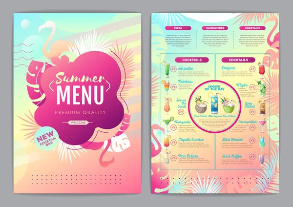 Restaurace Letní Tropické Gradient Koktejl Menu Design Fluorescenční Tropické Listy — Stockový vektor